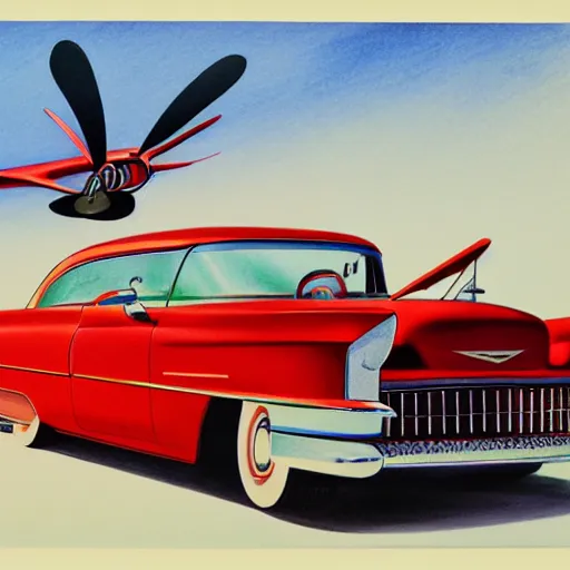 Prompt: a color pencil product design drawing of a 5 0 s flying cadillac car with plane wings