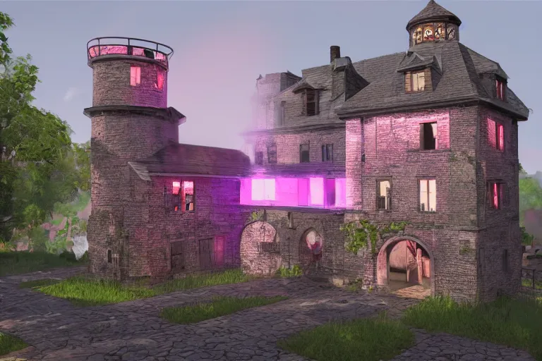 Image similar to mill of the mansion, art by den beauvais and rudolph belarski and thomas kidd, trending on artstation, iridescent pink lighting product view blueprint, narrative realism, featured on artstation, unreal engine 5, brocade