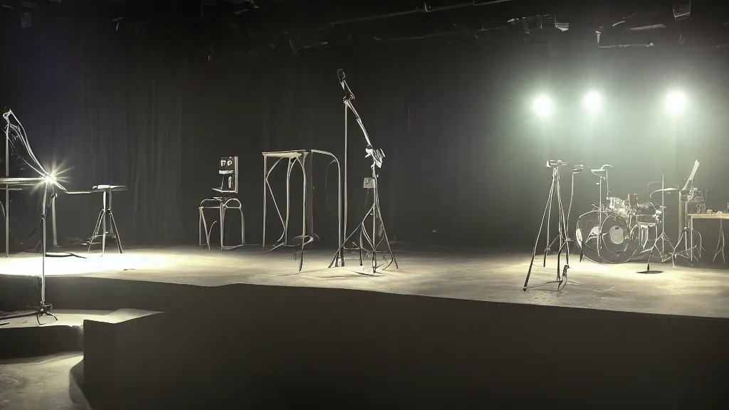 Prompt: an empty stage with a mic and a stool with a spotlight on them