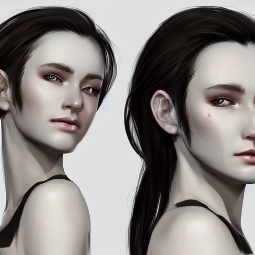 Prompt: concept art of a female character, quarter view, face only, shoulders can be seen, short hair, gray background, trend on artstation, HD, digital painting