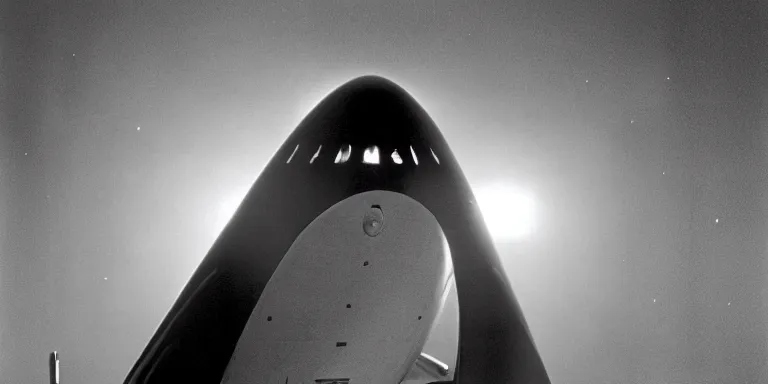 Prompt: photorealistic long shot black and white twilight zone style cinematography of a douglas trumbull designed spaceship in a twilight zone episode that takes place in in outter space, shot on film by the shining cinematographer john alcott on a cooke panchro 1 0 0 mm lens in space