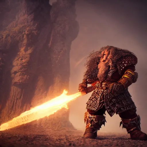 Prompt: a fantasy cinematic shot of a dwarf berserker, warhammer, dnd, fighting monsters, octane render, hyperreal, 8 k