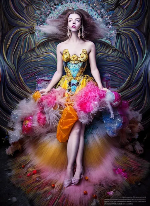 Image similar to expressive full body photo of anya taylor - joy, dress made of sweets and candies, glamour shot, by karol bak, stefan gesell, photorealistic, nikon d 4 x, fashion photography, hyper maximalist, elegant, ornate, luxury, elite, environmental portrait, symmetrical features, octane render, unreal engine, solid dark grey background, dramatic lights