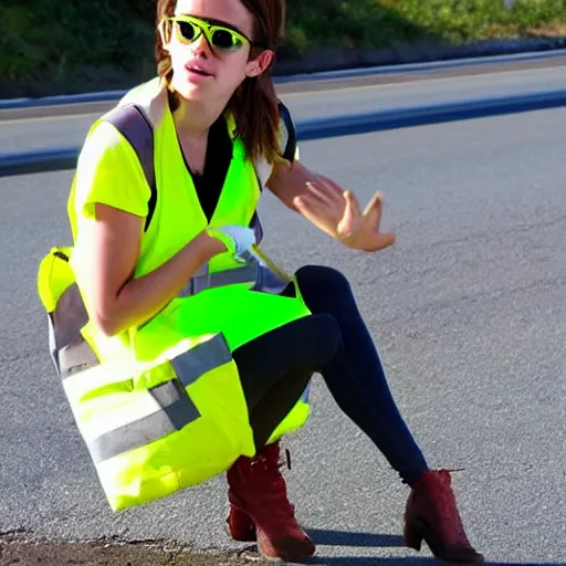 Image similar to emma watson in a hi vis vest picking up trash on the side of the road. midday sun,