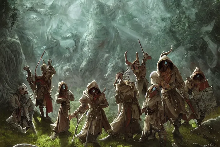 Image similar to dungeons and dragons fantasy painting, platoon of ashigaru mice emerge from the forest, tanegashima, hooded cloaks, whimsical and cute, determined expressions, watery eyes, anime inspired by krenz cushart, brown fur, tufty whiskers, feathered arrows, bamboo forest, dawn lighting, by brian froud jessica rossier and greg rutkowski