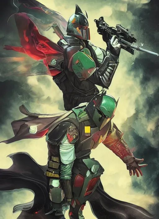 Image similar to batman x boba fett, digital art, character mashup, epic lighting, combination art