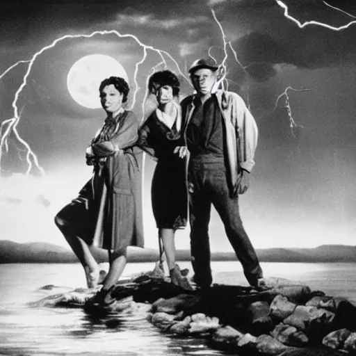 Prompt: river of lightning, twilight, full moon, william wyler, howard hawks