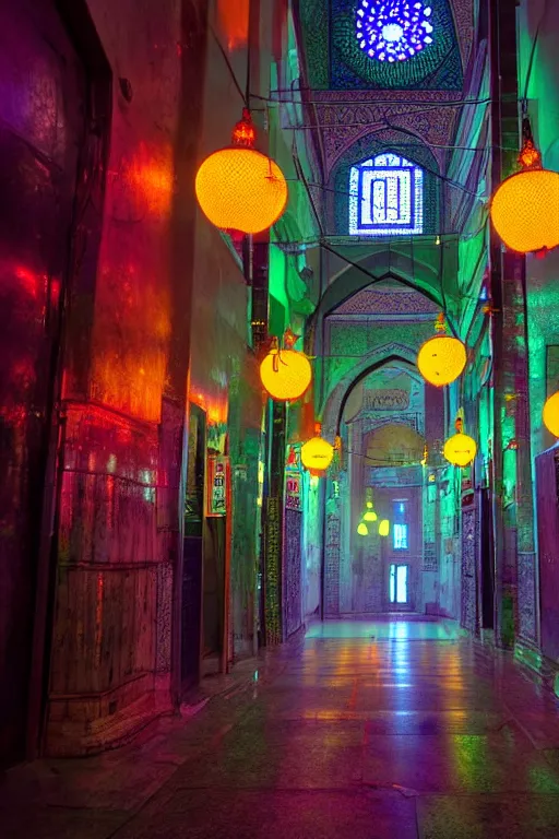 Prompt: neon streets of istanbul mosque, 4 k, award winning photo, cyberpunk style