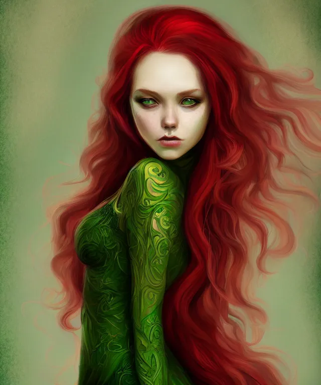 Prompt: Fae teenage girl, portrait, face, long red hair, green highlights, fantasy, intricate, elegant, highly detailed, digital painting, concept art, sharp focus