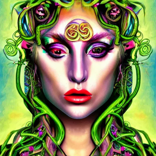 Image similar to an extremely psychedelic portrait of medusa as lady gaga, surreal, lsd, face, detailed, intricate, elegant, lithe, highly detailed, digital painting, artstation, concept art, smooth, sharp focus, illustration,