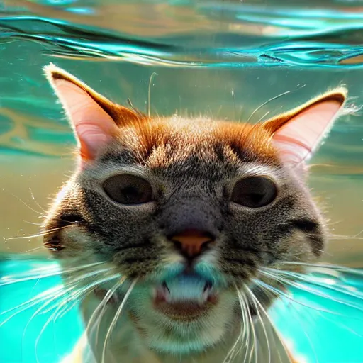 Prompt: a high - quality photo of a cat - fish, furry, whiskers, water, swimming