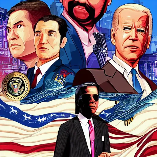 Image similar to gta chinatown wars art style as joe biden on next gta poster, with very detailed content, justify contents center, remove duplicate content.