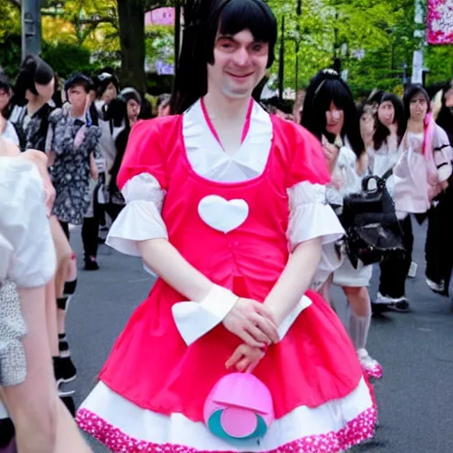 Image similar to martin shkreli in kawaii maid dress at harajuku tokyo street fashion event, photo from vogue magazine