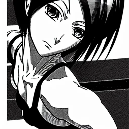 Image similar to alita by yukito kishiro. medium shot. black and white manga. pencil drawing. high detailed face