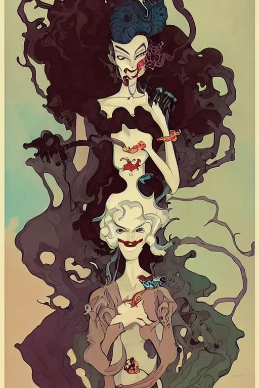 Prompt: portrait of crazy mad lady scientist, cruella devil, stylized illustration by peter mohrbacher, moebius, mucha, mike mignola, colorful comics style, clean line