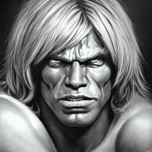 Image similar to ultra realistic portrait painting of he - man, stanley artgerm, 4 k, ultra realistic, highly detailed, epic lighting