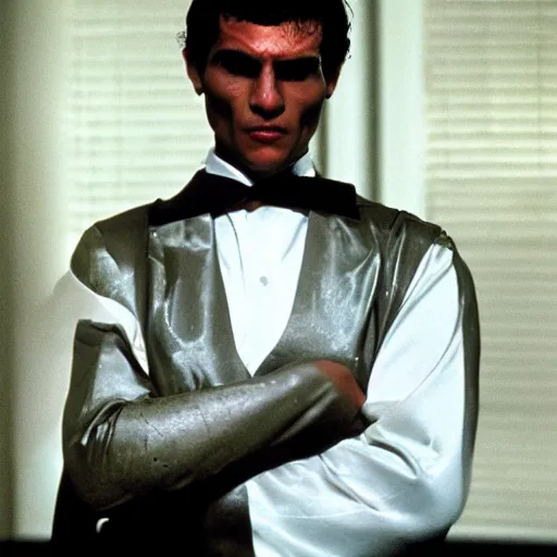 Image similar to An egyptian pharaoh as The American Psycho, cinematic still