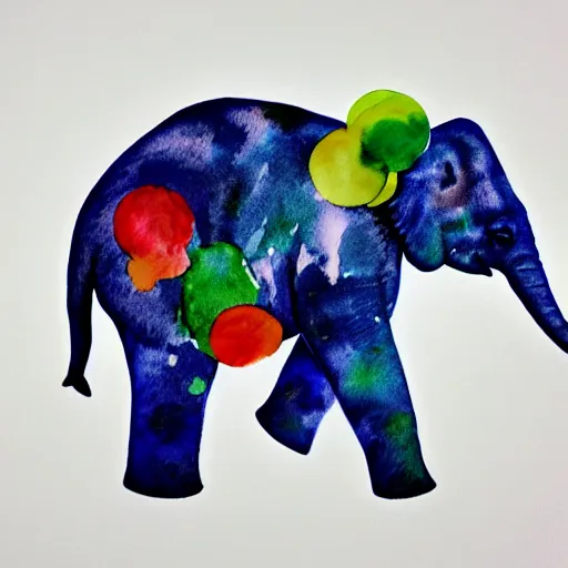 Image similar to watercolor baby elephant with trunk up in air and confetti flying in air, white background, blank background