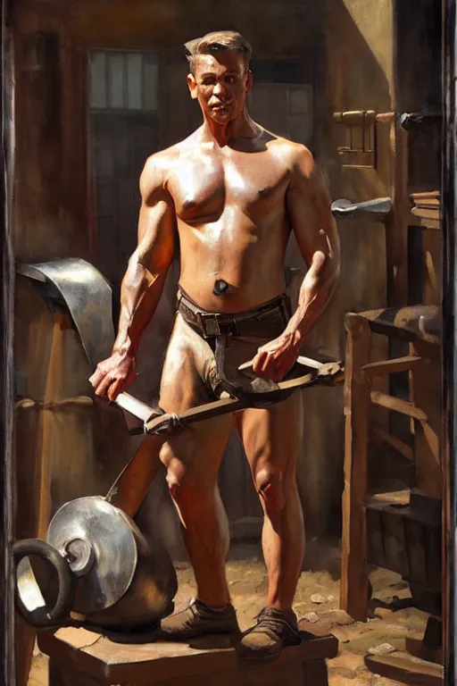 Image similar to muscular sweaty male blacksmith, forgehouse painting by craig mullins, j. c. leyendecker, tom of finland