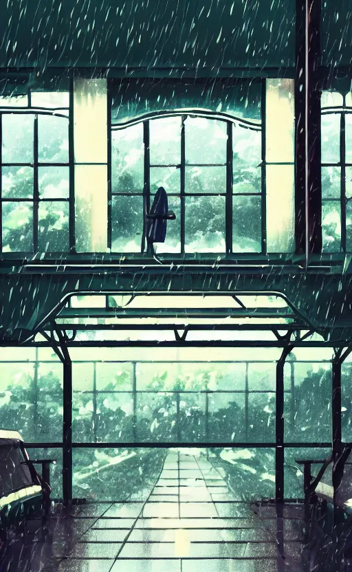 Prompt: train station, rainy day, anime, japan, ghibli, 9 0 s, retro style, aesthetic, chill, room