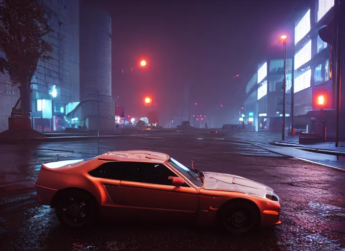 Image similar to gta in moscow, playstation 5 screenshot, mega details, dark night, orange lights, heavy rain, fog, beautiful rtx reflections, brutalism buildings, photorealistic, unreal engine 5, octane render, volumetric light, cg society, 4 k, bokeh, lada car, artstation gediminas pranckevicius