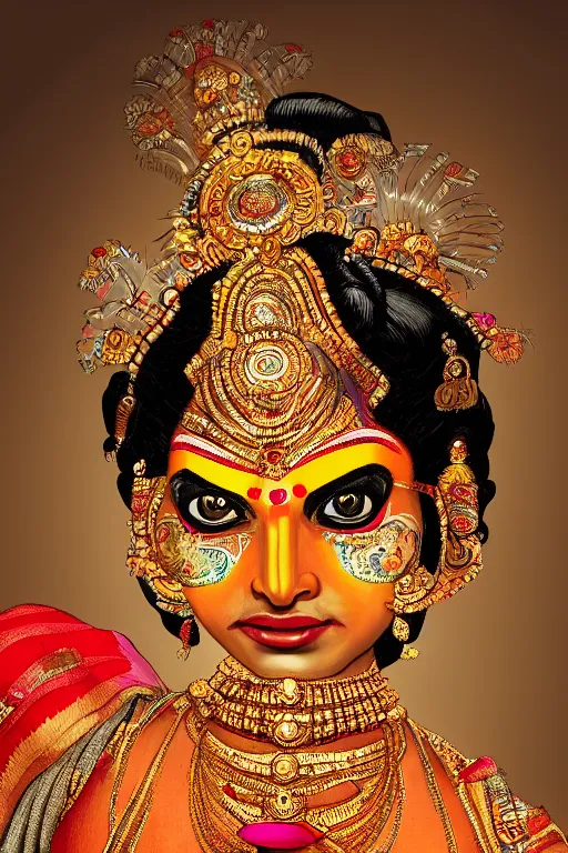 Prompt: a stunning ultrarealistic illustration of an indian kathakali dancer cyborg with cybernetic implants on the face, very detailed, deep depth of focus, intricate, headshot, portrait, 3 5 mm lens, golden ratio composition, studio lighting, artstation, 8 k, highly coherent, by artgerm and alphonse mucha and greg rutkowski