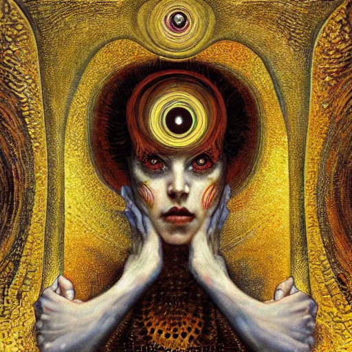 Image similar to Visions of Hell by Karol Bak, Jean Deville, Gustav Klimt, and Vincent Van Gogh, visionary, otherworldly, fractal structures, ornate gilded medieval icon, third eye, spirals