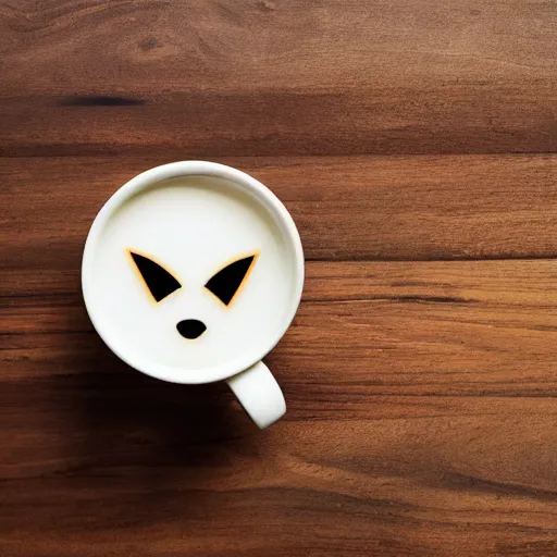 Prompt: a cup with a coffee with a shape of an fox