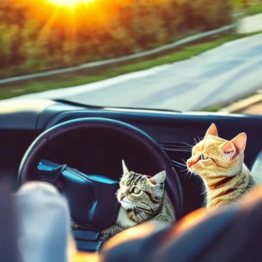 Image similar to birds eye view of convertible, cat homies chilling in car, paws on steering wheel, golden hour, clear sky