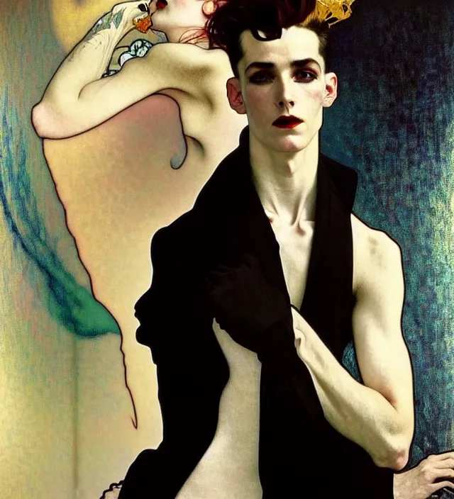 Prompt: stunning portrait of highly details androgynous e as desire from sandman, rockabilly style, white suit and black tie,, by egon shiele and alphonse mucha, with influence of jeremy mann, peter lindbergh, dave mckean, maurice sapiro, and frank moth, soft lightning, highly detailed, 8 k
