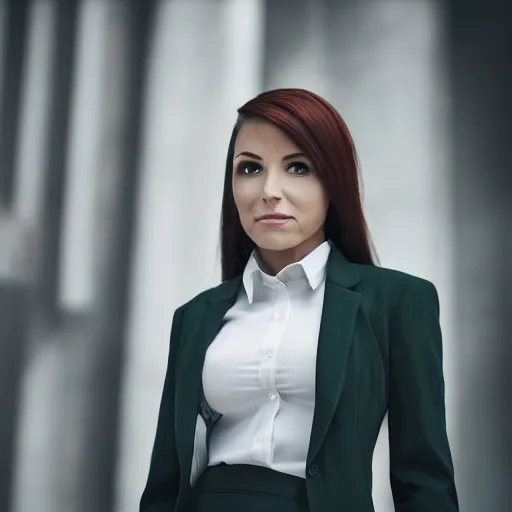 Image similar to a female elf dressed in business suit, cinematic photography