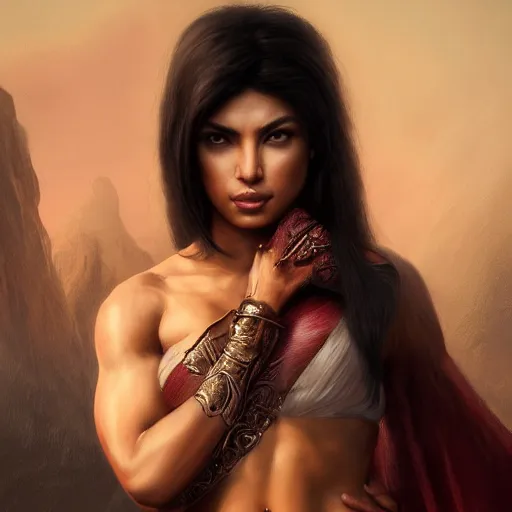 Prompt: portrait of muscular asian priyanka chopra, fantasy, intricate, elegant, highly detailed, digital painting, artstation, concept art, matte, sharp focus, illustration, octane render, unreal engine, art by aenaluck and roberto ferri and greg rutkowski, epic fantasy, digital painting