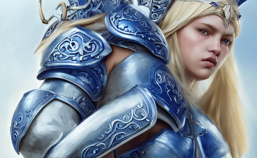 Image similar to blonde female warrior in heavy blue and white armor, very beautiful face, surrounded by rabbits, epic battle, high fantasy, flowers and trees, intricate detail, digital painting, artstation, concept art, smooth, sharp focus, illustration, art by monia merlo and wlop and artgerm and craig mullins