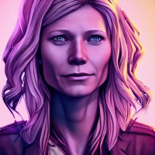 Image similar to gwyneth paltrow portrait, borderlands, tales from the borderlands, the wolf among us, comic, cinematic lighting, studio quality, 8 k