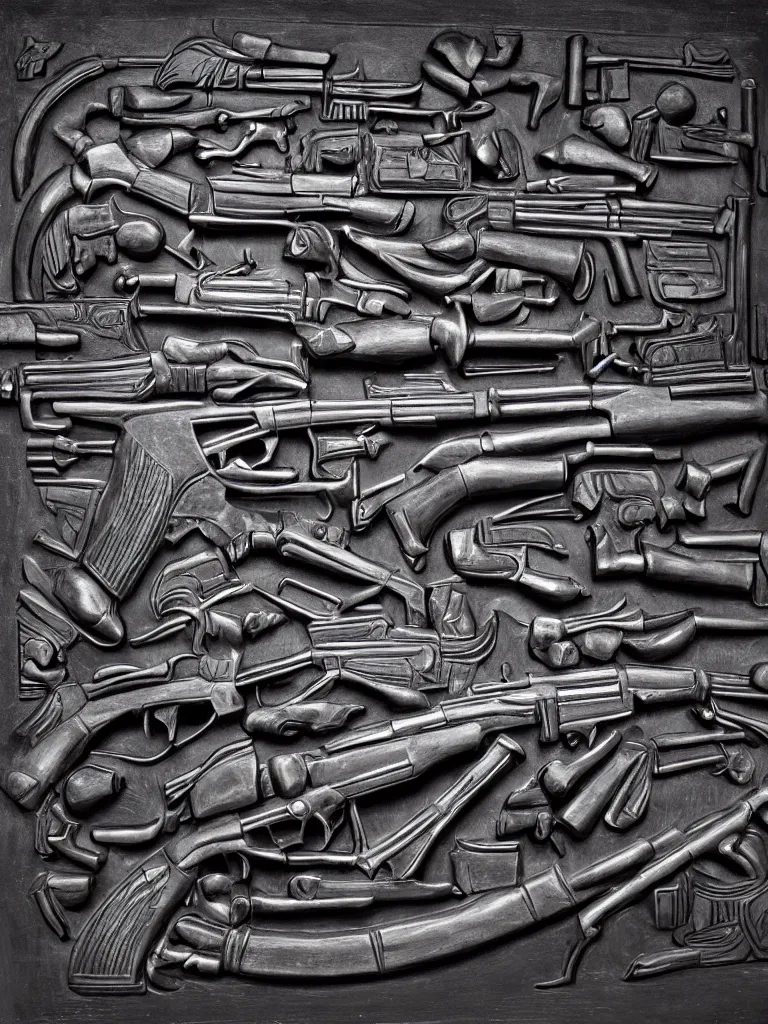 Prompt: relief sculpture carving in black cast iron steel of machine guns shotguns rifles revolvers bullets,dark contrast, dynamic lighting, ultrarealistic, intricate details, 4k