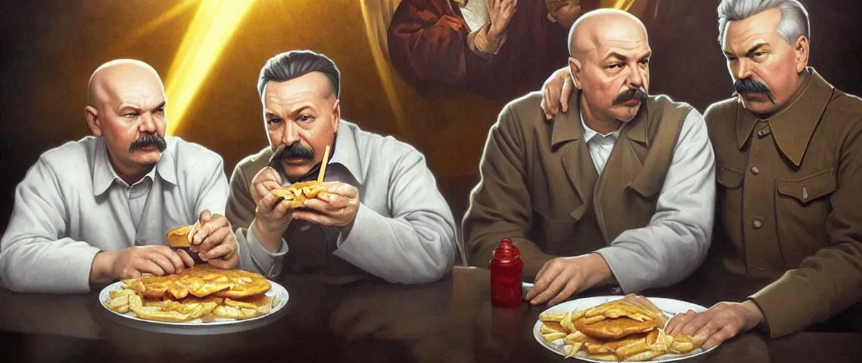 Image similar to portrait of lenin and stalin eating hamburgers, extra onions and ketchup, luscious patty with sesame seeds, ethereal, holy sacred light rays, handsome, D&D, fantasy, intricate, elegant, highly detailed, digital painting, artstation, concept art, matte, sharp focus, illustration, art by Artgerm and Greg Rutkowski and Alphonse Mucha