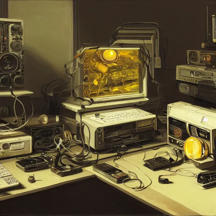 Image similar to still life painting of a retro electronics supercomputer workstation by pieter claesz, oil on canvas, blade runner vibes, syd mead concept art, strong lighting, highly detailed, hyper realism, golden hour, god rays, hd, 4 k