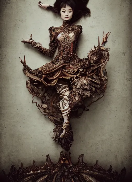 Image similar to a portrait of asian female by stefan geselle and nekro borja, photorealistic, intricate details, hyper realistic, fantasy, elegant, baroque victorian steampunk, photorealistic, canon r 3, photography, symmetrical features, symmetrical pose, wide angle shot, standing pose, feet on the ground, wearable art