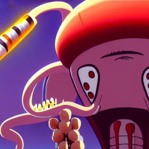 Prompt: shoulder up Portrait of a hyper realistic Anthropomorphic scary snake smoking an anime cigarette, mushroom hut in background , cel animation by Tokyo Movie Shinsha and Greg rutkowski, psychedelic, post-processing , IMAX , vibrant colors , award-winning masterpiece 20 years in the making