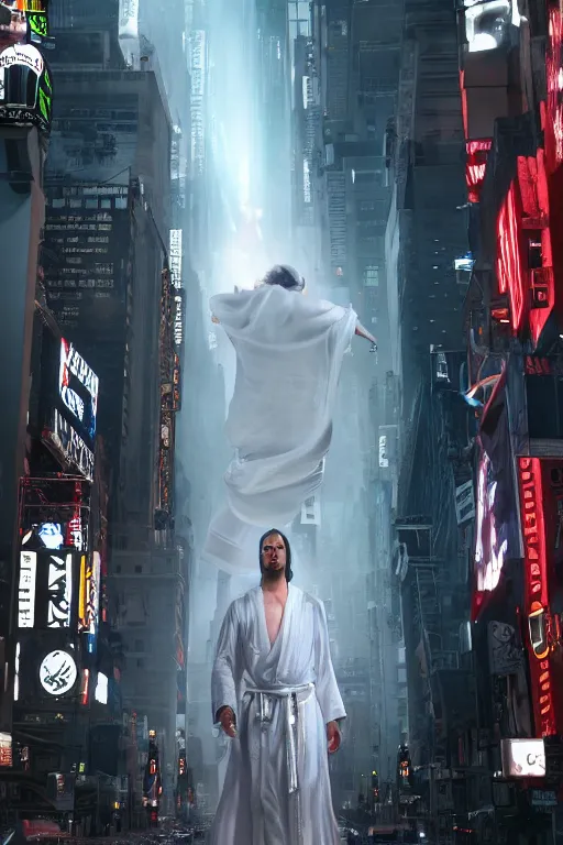 Prompt: jesus christ wearing a white robe with robotic arms and robotic legs walks in downtown new york in the future, intricate, hyper detailed, accent lighting, dramatic light, 4 k octane render