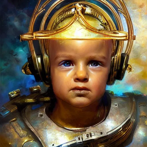 Image similar to stunning portrait of 3yo greek argonaut Orpheus wearing a golden lyre, painting by Raymond Swanland, cyberpunk, sci-fi cybernetic implants hq