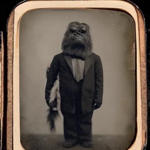 Prompt: a tintype photo of Bigfoot dressed in a tuxedo-H 768