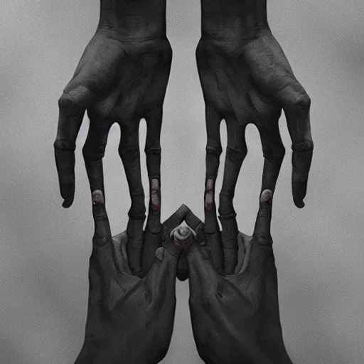 Prompt: Holding hands, vertical symmetry, close up shot, detailed hands, detailed skeleton hands, beautiful moody artwork by Greg Rutkowski and Asher Duran