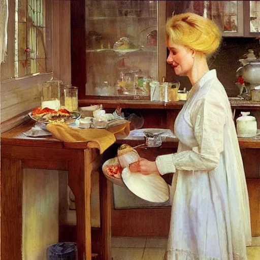 Image similar to beautiful blonde woman, making breakfast, morning, painting volegov carl larsson