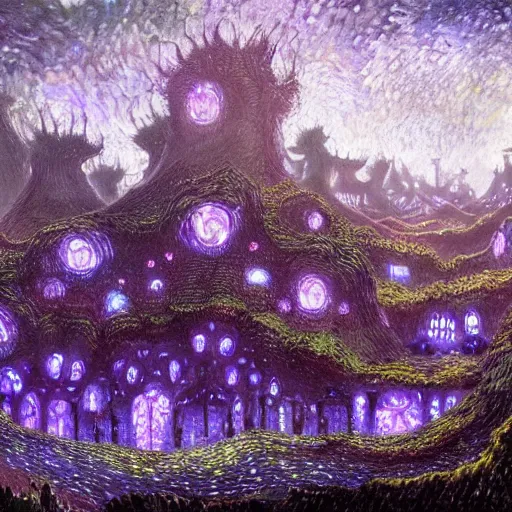 Image similar to concept art detailed painting of a dark purple fantasy fairytale fungal town made of mushrooms, with glowing blue lights, in the style of vincent van gogh and albert bierstadt and wayne barlowe