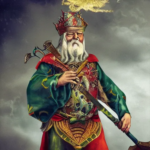 Prompt: a photo of an old man in a regal set of armor depicting a marijuana leaf on the chest. He is holding a mystic battle axe and he’s outside surrounded by horses