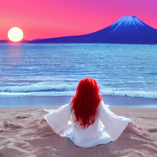 Prompt: Detailed anime visual if japanese girl with long red hair in a white silky dress sitting in the sand on a beach at sunset