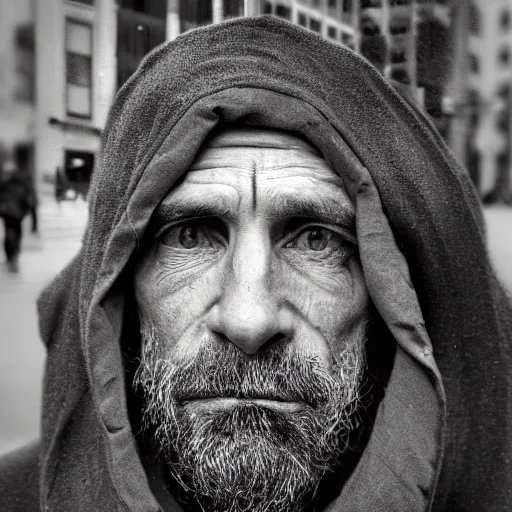Image similar to portrait of a homeless man in New York city, matte paint, sharpen, raining