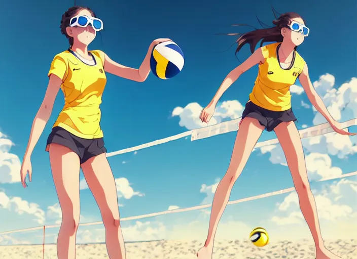 Prompt: portrait of high school girl playing beach volley, sunny sky background stadium landscape illustration concept art anime key visual trending pixiv fanbox by wlop and greg rutkowski and makoto shinkai and studio ghibli and kyoto animation symmetrical facial features sports clothing futuristic yellow glasses nike shirt