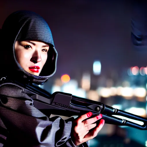 Image similar to photographic portrait of a techwear woman holding a shotgun, closeup, on the rooftop of a futuristic city at night, sigma 85mm f/1.4, 4k, depth of field, high resolution, 4k, 8k, hd, full color, Die Hard, movies with guns, movie firearms